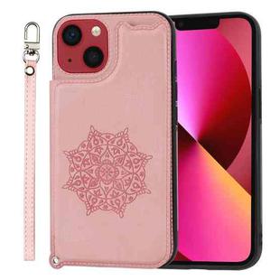 For iPhone 14 Plus Mandala Embossed Card Slots PU+TPU Phone Case (Rose Gold)