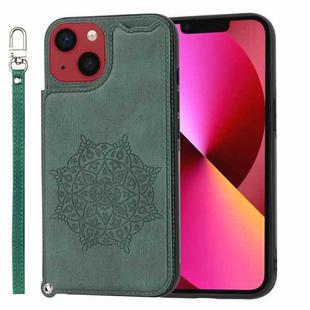For iPhone 14 Plus Mandala Embossed Card Slots PU+TPU Phone Case (Green)