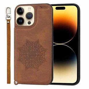 Mandala Embossed Card Slots PU+TPU Phone Case For iPhone 14 Pro(Brown)