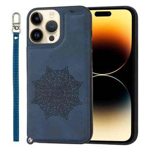 Mandala Embossed Card Slots PU+TPU Phone Case For iPhone 14 Pro(Blue)