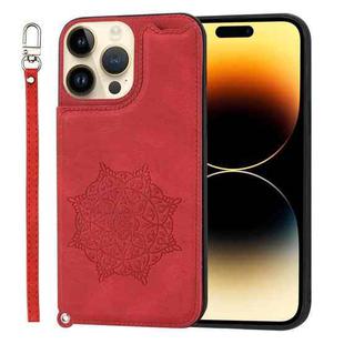 For iPhone 14 Pro Max Mandala Embossed Card Slots PU+TPU Phone Case (Red)