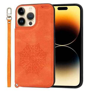 For iPhone 14 Pro Max Mandala Embossed Card Slots PU+TPU Phone Case (Orange)