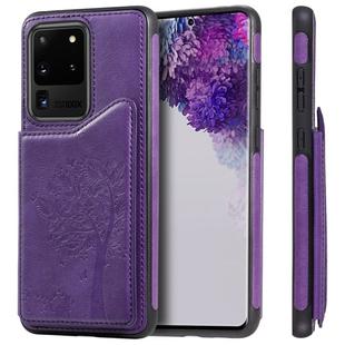 For Galaxy S20 Ultra Cat Tree Embossing Pattern Shockproof Protective Case with Card Slots & Photo Frame(Purple)