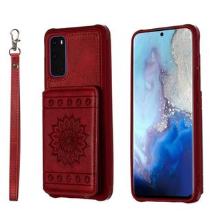 For Galaxy S20 Sun Flower Pattern Embossed Horizontal Drop-proof Mobile Phone Case with Card Slots & Wallet & Photo Holder & Stand Function(Red)