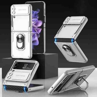 For Samsung Galaxy Z Flip4 GKK Carbon Brazing Pattern Shockproof Armor PC Phone Case with Ring Holder(Silver)