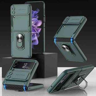 For Samsung Galaxy Z Flip4 GKK Carbon Brazing Pattern Shockproof Armor PC Phone Case with Ring Holder(Green)