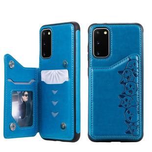 For Galaxy S20 Six Cats Embossing Pattern Shockproof Protective Case with Card Slots & Photo Frame(Blue)