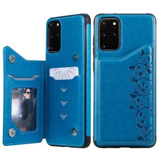 For Galaxy S20 Plus Six Cats Embossing Pattern Shockproof Protective Case with Card Slots & Photo Frame(Blue)