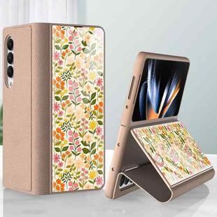 For Samsung Galaxy Z Fold4 GKK Floral Pattern Electroplating Tempered Glass Leather Case(Flower 02)