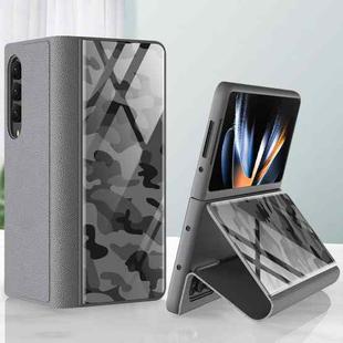 For Samsung Galaxy Z Fold4 GKK Texture Pattern Electroplating Tempered Glass Leather Case(Camouflage Grey)