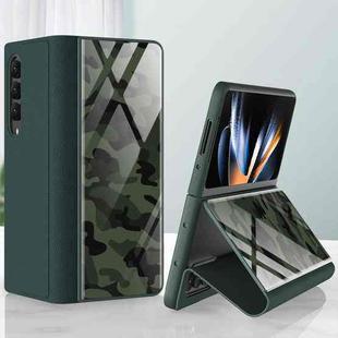 For Samsung Galaxy Z Fold4 GKK Texture Pattern Electroplating Tempered Glass Leather Case(Camouflage Green)