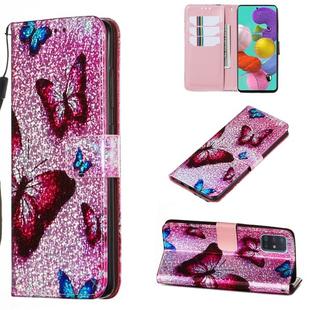 For Galaxy A51 Glitter Pattern Leather Case With Left And Right With Bracket & Card slot & Wallet & Lanyard(Blue Butterfly)