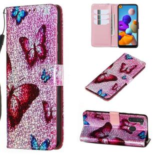 For Galaxy A21 Glitter Pattern Leather Case With Left And Right With Bracket & Card slot & Wallet & Lanyard(Blue Butterfly)