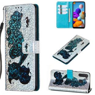 For Galaxy A21 Glitter Pattern Leather Case With Left And Right With Bracket & Card slot & Wallet & Lanyard(Mermaid and seahorse)
