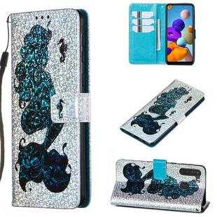 For Galaxy A21 Glitter Pattern Leather Case With Left And Right With Bracket & Card slot & Wallet & Lanyard(Datura Flower)