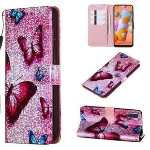 For Galaxy M11 Glitter Pattern Leather Case With Left And Right With Bracket & Card slot & Wallet & Lanyard(Blue Butterfly)