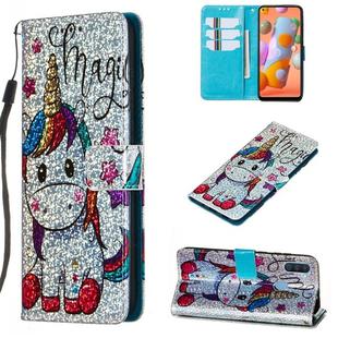 For Galaxy M11 Glitter Pattern Leather Case With Left And Right With Bracket & Card slot & Wallet & Lanyard(Star Unicorn)