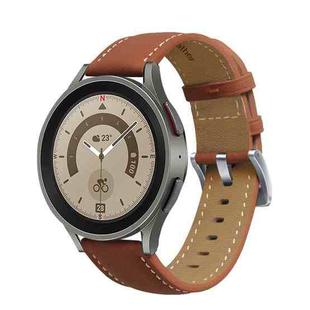 For Samsung Galaxy Watch5 40mm / 44mm Stitching Genuine Leather Watch Band(Brown+Silver)
