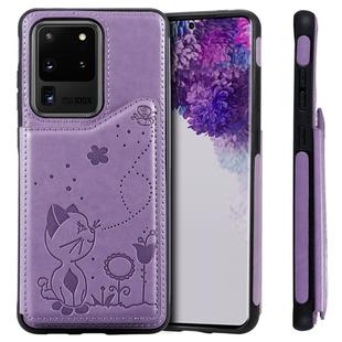 For Galaxy S20 Ultra Cat Bee Embossing Pattern Shockproof Protective Case with Card Slots & Photo Frame(Purple)