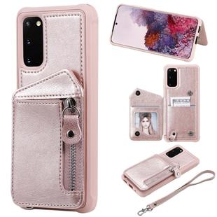 For Galaxy S20 Zipper Double Buckle Shockproof Protective Case with Stand & Photo Holder & Wallet Function(Rose Gold)