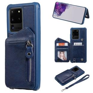 For Galaxy S20 Ultra Zipper Double Buckle Shockproof Protective Case with Stand & Photo Holder & Wallet Function(Blue)