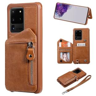 For Galaxy S20 Ultra Zipper Double Buckle Shockproof Protective Case with Stand & Photo Holder & Wallet Function(Coffee)