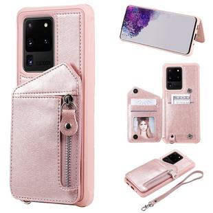 For Galaxy S20 Ultra Zipper Double Buckle Shockproof Protective Case with Stand & Photo Holder & Wallet Function(Rose Gold)