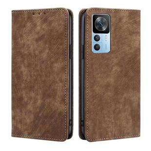 For Xiaomi Redmi K50 Ultra/Xiaomi 12T/Xiaomi 12T Pro RFID Anti-theft Brush Magnetic Leather Phone Case(Brown)