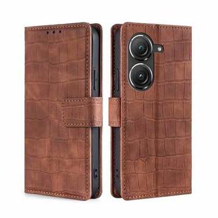 For Asus Zenfone 9 Skin Feel Crocodile Magnetic Clasp Leather Phone Case(Brown)
