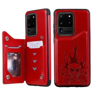 For Galaxy S20 Ultra Skull Embossing Pattern Shockproof Protective Case with Card Slots & Photo Frame(Red)