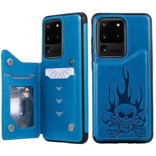 For Galaxy S20 Ultra Skull Embossing Pattern Shockproof Protective Case with Card Slots & Photo Frame(Blue)