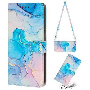 For iPhone 13 mini Crossbody Painted Marble Pattern Leather Phone Case (Pink Green)