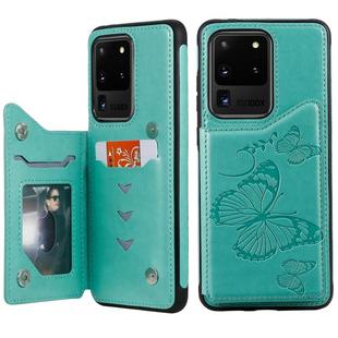 For Galaxy S20 Ultra Butterfly Embossing Pattern Shockproof Protective Case with Holder & Card Slots & Photo Frame(Green)