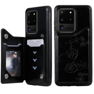 For Galaxy S20 Ultra Butterfly Embossing Pattern Shockproof Protective Case with Holder & Card Slots & Photo Frame(Black)