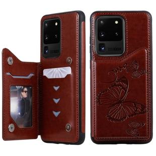 For Galaxy S20 Ultra Butterfly Embossing Pattern Shockproof Protective Case with Holder & Card Slots & Photo Frame(Brown)