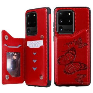For Galaxy S20 Ultra Butterfly Embossing Pattern Shockproof Protective Case with Holder & Card Slots & Photo Frame(Red)