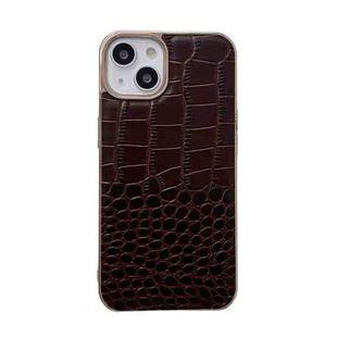 For iPhone 14 Plus Crocodile Texture Genuine Leather Nano Electroplating Phone Case (Coffee)
