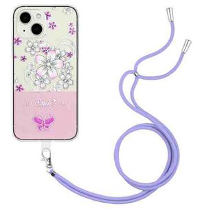 For iPhone 13 Bronzing Butterfly Flower TPU Phone Case with Lanyard(Cherry Blossoms)