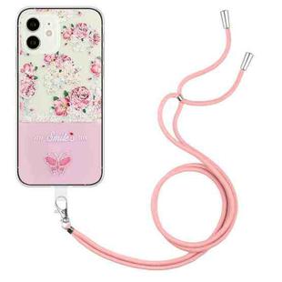 For iPhone 12 Bronzing Butterfly Flower TPU Phone Case with Lanyard(Peony)