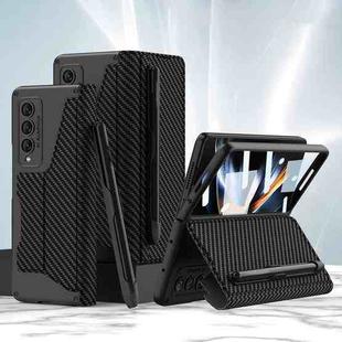 For Samsung Galaxy Z Fold4 GKK Screen Tempered Glass Film Armor Flip Leather Case with Pen Slot(Carbon Fiber Texture)