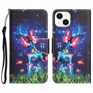 For iPhone 14 Colored Drawing Leather Phone Case (Bottle Butterfly)
