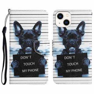 For iPhone 14 Plus Colored Drawing Leather Phone Case (Black Dog)
