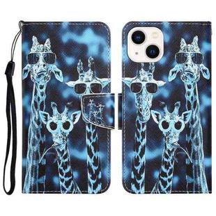 For iPhone 14 Plus Colored Drawing Leather Phone Case (Giraffes)