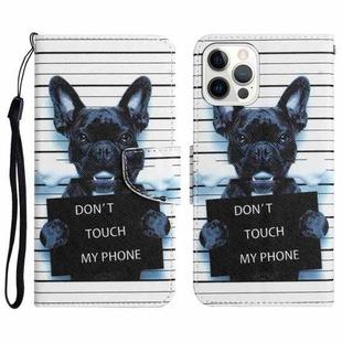 For iPhone 14 Pro Colored Drawing Leather Phone Case(Black Dog)