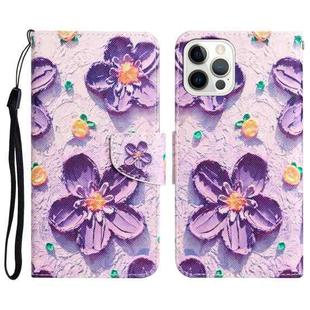 For iPhone 14 Pro Colored Drawing Leather Phone Case(Purple Flower)