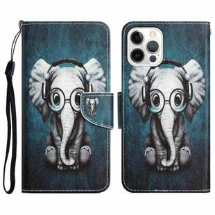 For iPhone 14 Pro Max Colored Drawing Leather Phone Case (Earphone Elephant)