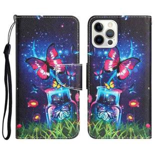 For iPhone 14 Pro Max Colored Drawing Leather Phone Case (Bottle Butterfly)