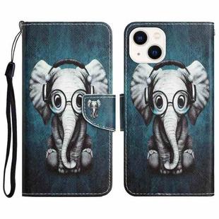 For iPhone 13 Colored Drawing Leather Phone Case(Earphone Elephant)
