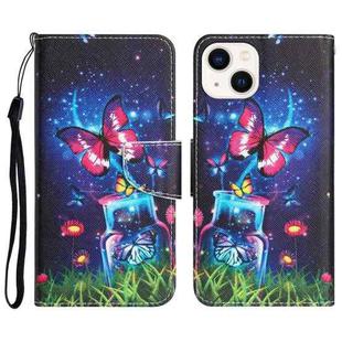 For iPhone 13 Colored Drawing Leather Phone Case(Bottle Butterfly)