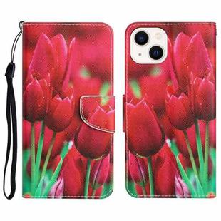 For iPhone 13 mini Colored Drawing Leather Phone Case (Tulips)